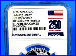 1776-2026 S, 10-Coin Silver Proof Set NGC Pf 70 UCam, FDOI, 250 Prop. Label