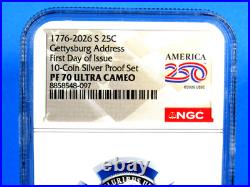 1776-2026 S, 5-Coin, Silver Proof Set, Quarters Only NGC Pf 70 UCam, FDOI, 250