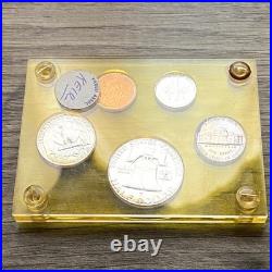 1954 U. S. Silver Proof Set 5 Coins Franklin Half Dollar Yellow Acrylic Holder