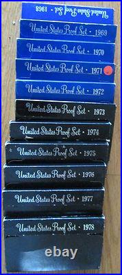 1968 to 1978 Proof Set U. S. Mint San Francisco Mint 11 Proof Sets with COA