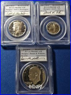 1976 Bicent 3PC SILVER PROOF SET 25C, 50C, $1, all PCGS PR69DCAM DESIGNER SIGNED