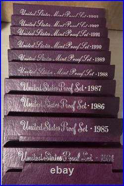 1984-1993 U. S. Mint Proof Set Lot. Complete 10 Year Run. OGP Boxes + COAs NICE