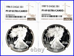 1986 + 1987 S PROOF SILVER EAGLE Set NGC PF 69 ULTRA CAMEO 2 Coin Set