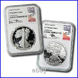 1986 & 2020 Silver Eagle NGC PF70 2-Coin Set John Mercanti Signed with Mahogany