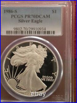 1986-S Proof American Silver Eagle One Dollar Coin PCGS PR70 Dcam