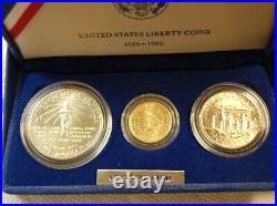 1986 Statue of Liberty Unc 3 Coin Set $5.00 Gold Silver $1.00 Clad Half Dollar