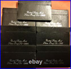 1992-1998 United States Mint Silver Proof Sets, Complete 7 Silver Sets, Ogp /coa