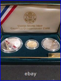 1992 United States Mint Columbus Quincententary 3 Coin Set 1 Gold 2 Silver
