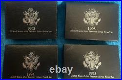 1992 thru 1995 U. S. Mint Premier Silver Proof Sets OGP /COA