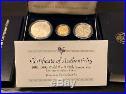 1993 World War II 3 Coin Proof Set $5 Gold $1 Silver & Clad Half Dollar with COA