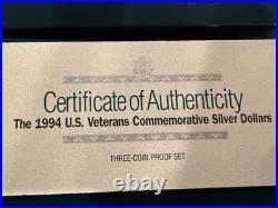 1994 U. S. Veterans Commemorative 3-Coin Proof Set Silver Dollars Original Box