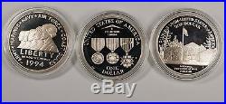 1994 US Veterans Commemorative 3 Coin Silver Dollar Proof Set US Mint Box COA