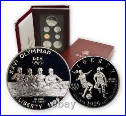 1996 Proof Prestige Set Atlanta Olympic Games, 90% Silver Dollar 7 Coins & COA