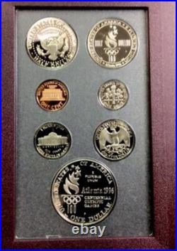 1996 Proof Prestige Set Atlanta Olympic Games, 90% Silver Dollar 7 Coins & COA