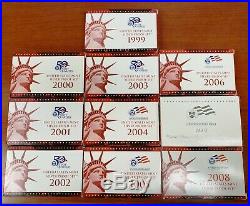 1999 2008 Silver Proof Set Lot United States Mint OGP Box & COA Collection