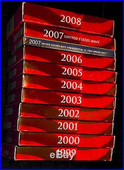 1999 2008 Silver Proof Sets Complete In Boxes With COA Great Collection Gift