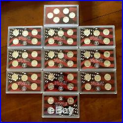 1999-2009 Silver Proof Statehood Quarter 11 Yr 56 Pc Set Complete-Boxes & COA's