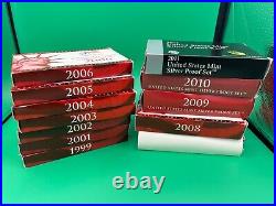 1999-2011 US Mint Silver Proof Set of 12 (no 2000)