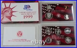 1999-S US Mint Silver Proof Set OGP COA & Box 9 Coins 90% United States