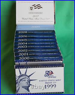 1999 to 2009 S 11 Years Annual US Mint PROOF Set Collection 127 Coins COA + Box