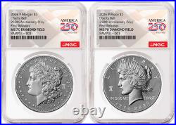 2 Coin Set 2026 Morgan Peace Diamond Field 250 Privy NGC MS70 FR Flag Presale