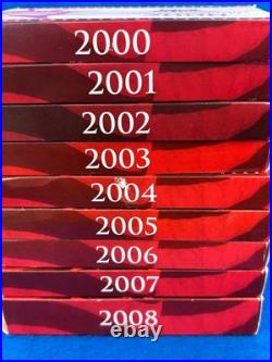 2000 2008 U. S. Mint 90% Silver Proof Coin Sets Lot of 9 Mint Condition