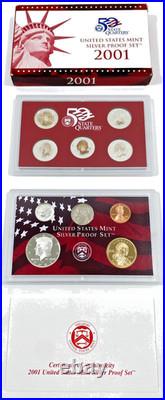 2001-S United States Mint 90% Silver Proof 10 Coin Set In OGP with COA COMPLETE