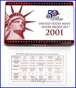 2001-S United States Mint 90% Silver Proof 10 Coin Set In OGP with COA COMPLETE