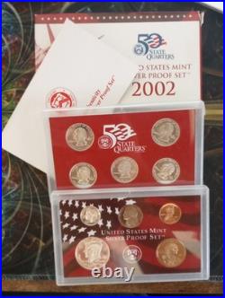 2002 United States Mint SILVER Proof Set COA & Box 10 Coins, 7 coins 90% silver