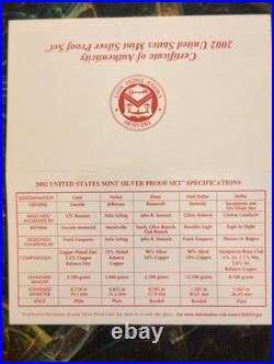 2002 United States Mint SILVER Proof Set COA & Box 10 Coins, 7 coins 90% silver
