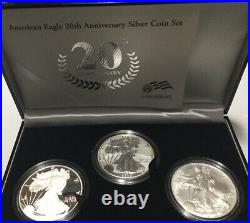 2006 W, P $1 20th Anniversary 3 Coin American Silver Eagle Set PR, Rev PR, BR