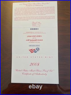 2008 United States Mint Silver Proof Set, COA, Box, 14 Coins