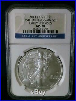 2011 American Eagle 25th Anniversary Silver Coin Set Early Releases Ms-70, Pf-70