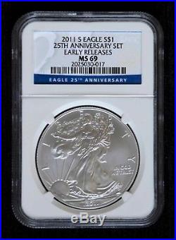 2011 American Silver Eagles 25th Anniversary 5 Coin Set, NGC-69 (Early Releases)