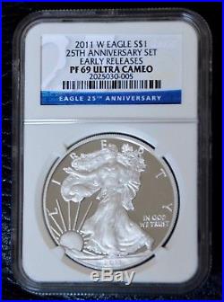 2011 American Silver Eagles 25th Anniversary 5 Coin Set, NGC-69 (Early Releases)