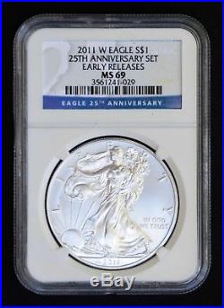 2011 American Silver Eagles 25th Anniversary 5 Coin Set, NGC-69 (Early Releases)