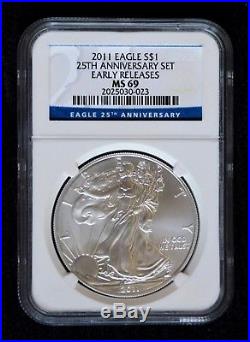 2011 American Silver Eagles 25th Anniversary 5 Coin Set, NGC-69 (Early Releases)