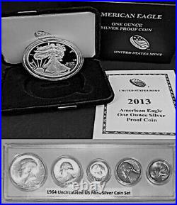 2013-W Silver Proof American Eagle 1 Oz+1964 P Silver Uncirculated Year Set BU