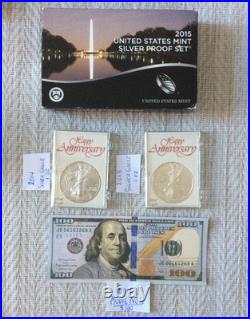 2015-S U. S. Silver Proof 14 Coin Set +1-2014, 1-2015 AMERICAN SILVER EAGLE 1 Oz