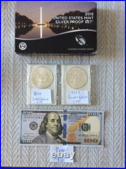 2015-S U. S. Silver Proof 14 Coin Set +1-2014, 1-2015 AMERICAN SILVER EAGLE 1 Oz