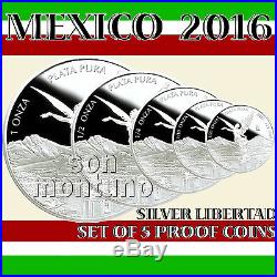 2016 MEXICO SET OF 5 SILVER LIBERTAD PROOF COINS in Original Mint Capsules