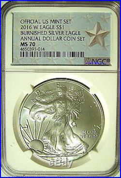 2016 W Burnished Silver Eagle ANNUAL DOLLAR SET $1 NGC MS 70 with OGP POP 166
