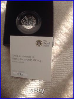 2016 full Set Beatrix Potter Peter Rabbit Silver Proof 50p Colour Coins