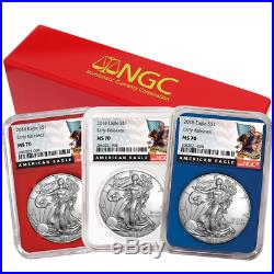 2018 $1 American Silver Eagle 3 pc. Set NGC MS70 Black ER Label Red White Blue