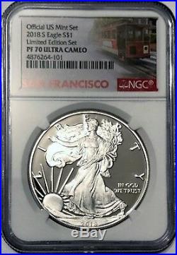 2018 S Proof Silver Eagle Limited Edition Set Ngc Pf70 Ultra Cameo Trolley