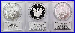 2018 Silver Eagle 3 Coin Set PCGS PR70/MS70/MS70 First Day of Issue Mercanti