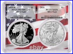 2019 1oz Silver Eagle Two Coin Set PCGS PR70 MS70 Flag Frame