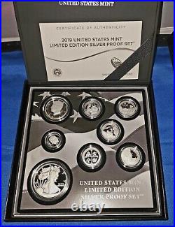 2019 Us Mint Limited Edition Silver Proof Set? 8 Coin? Box & Coa