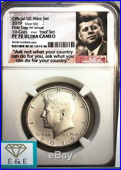 2019-s Proof-70, Ngc First Day Issue Kennedy Half 99.9% Silver, Frm 10 Pc Set