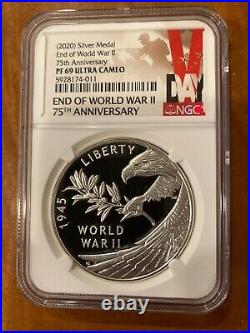 2020 P End of World War 2, WW2 75th Anniversary 1oz Silver Medal Eagle NGC PF69